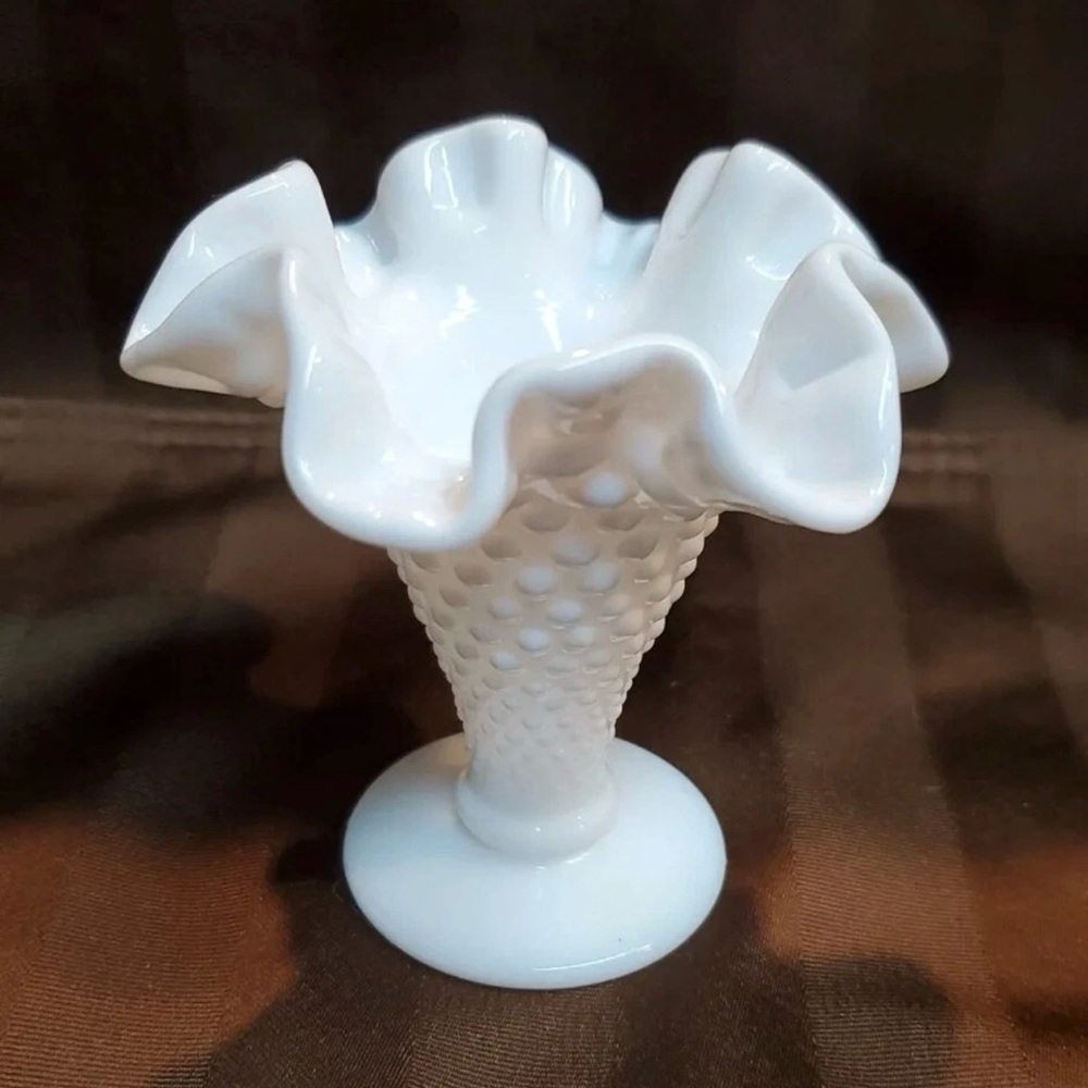 Fenton Hobnail Vase White Milk Glass Double Crimped Footed Miniature